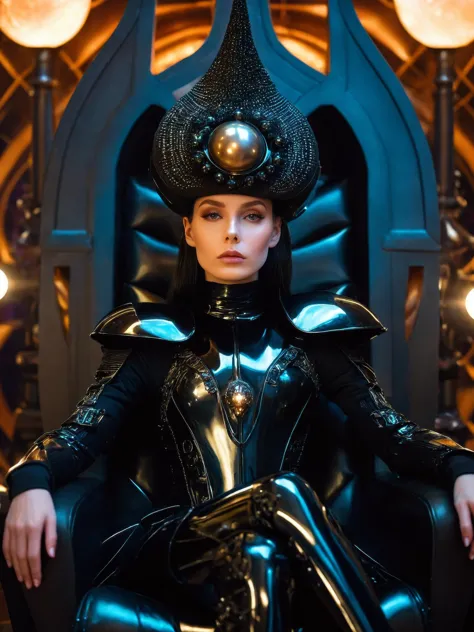 Cinematic film still of young galactic empress Zogrina sitting on her throne, avant-garde black shiny latex armor, eldritch hat,...