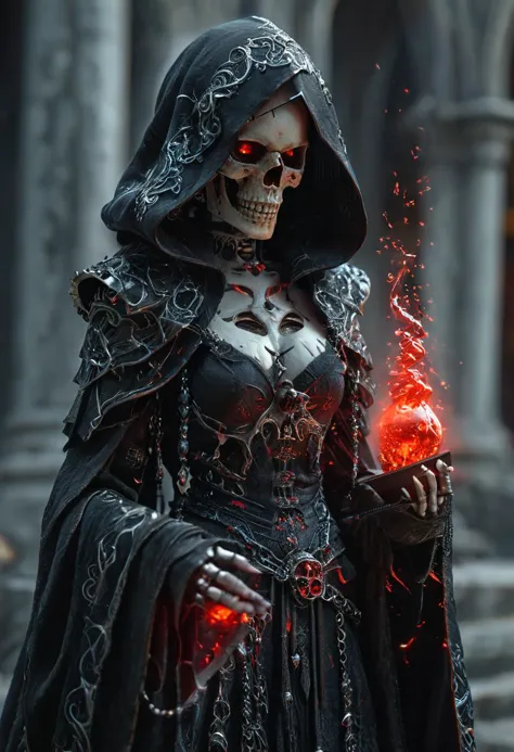 (photo realistic), young death sorceress, skull with red glowing eyes, ((long black robe with hood and intricate white trim)), h...