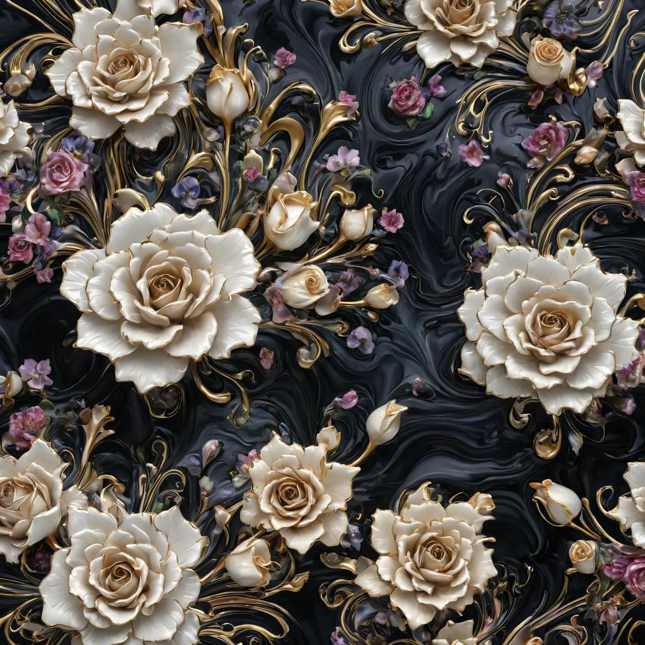 flores de porcelana oscura sobre una mesa, rosas, tulipanes, dentro del remolino salpica ondas, geometría loca, Obra maestra, fluid, Flora, colores apagados, perla, oro, lujoso, extremadamente detallado