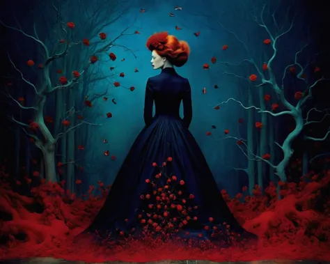 a woman in a blue dress standing in a forest with roses