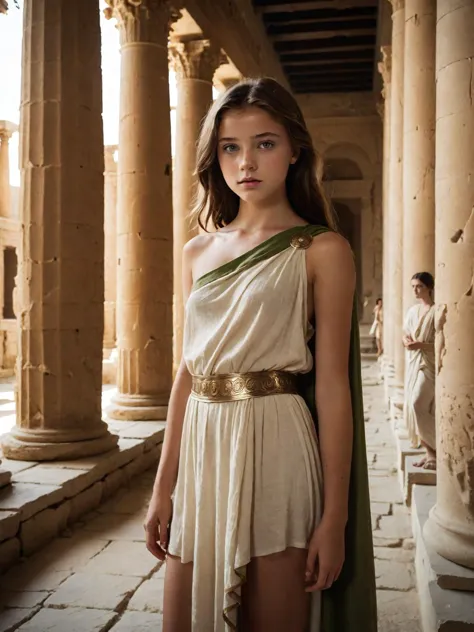historical photograph of a young teenage girl in a roman temple, skinny 18 year old girl, small perky breasts, collarbone, weari...