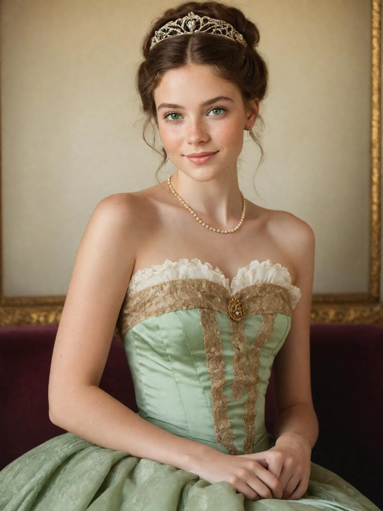 一位年轻的维多利亚公主的画像, 绿眼睛, 淡淡的微笑, 露肩礼服, 雀斑, 皮肤细节, 华丽的棕色头发, 业余偷拍