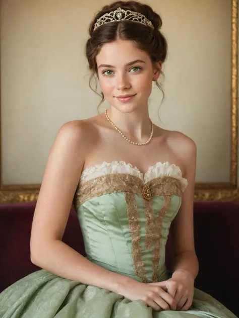 portrait of a rich young victorian princess, green eyes, thin smile, strapless dress, freckles, skin details, ornate brown hair,...