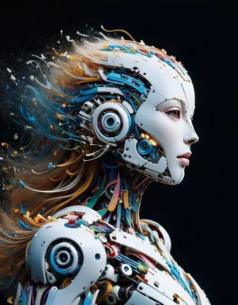 A futuristic side portrait of a humanoid robot. The robot's body is made of translucent materials,and its internal structure is ...