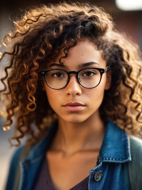 photo RAW,Short light skinned black female, long curly with no frizz brown hair, glasses, freckles, brown eyes, no imperfections...