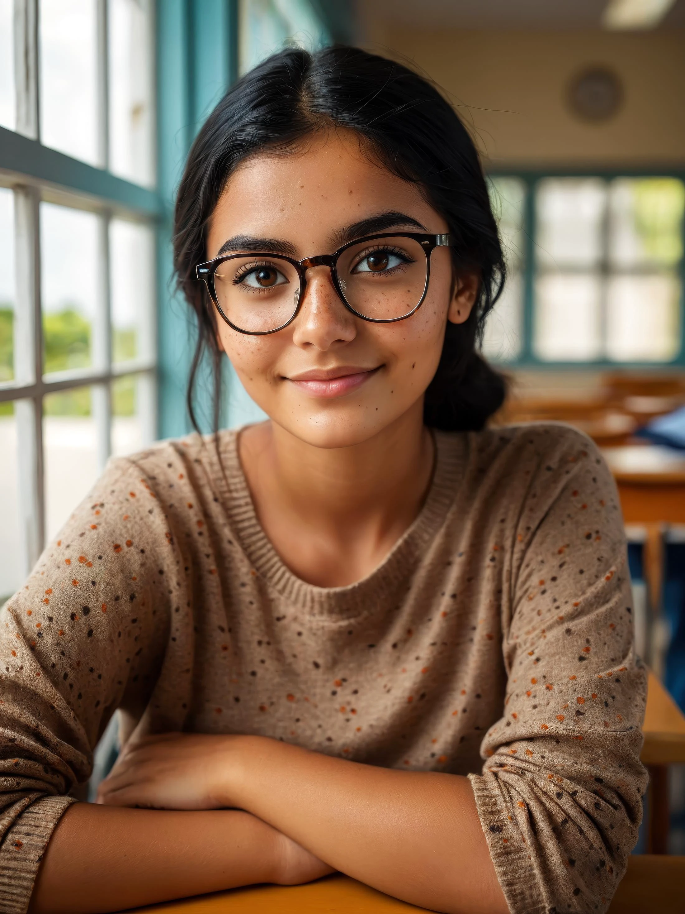 (photography,realistic:1.4),
23yo ,female,black hair,smart looking,maldivian,classroom looking out of window,cinematic lighting,Highly detailed eyes, highly detailed face, brown eyes,freckles,glasses,smiling