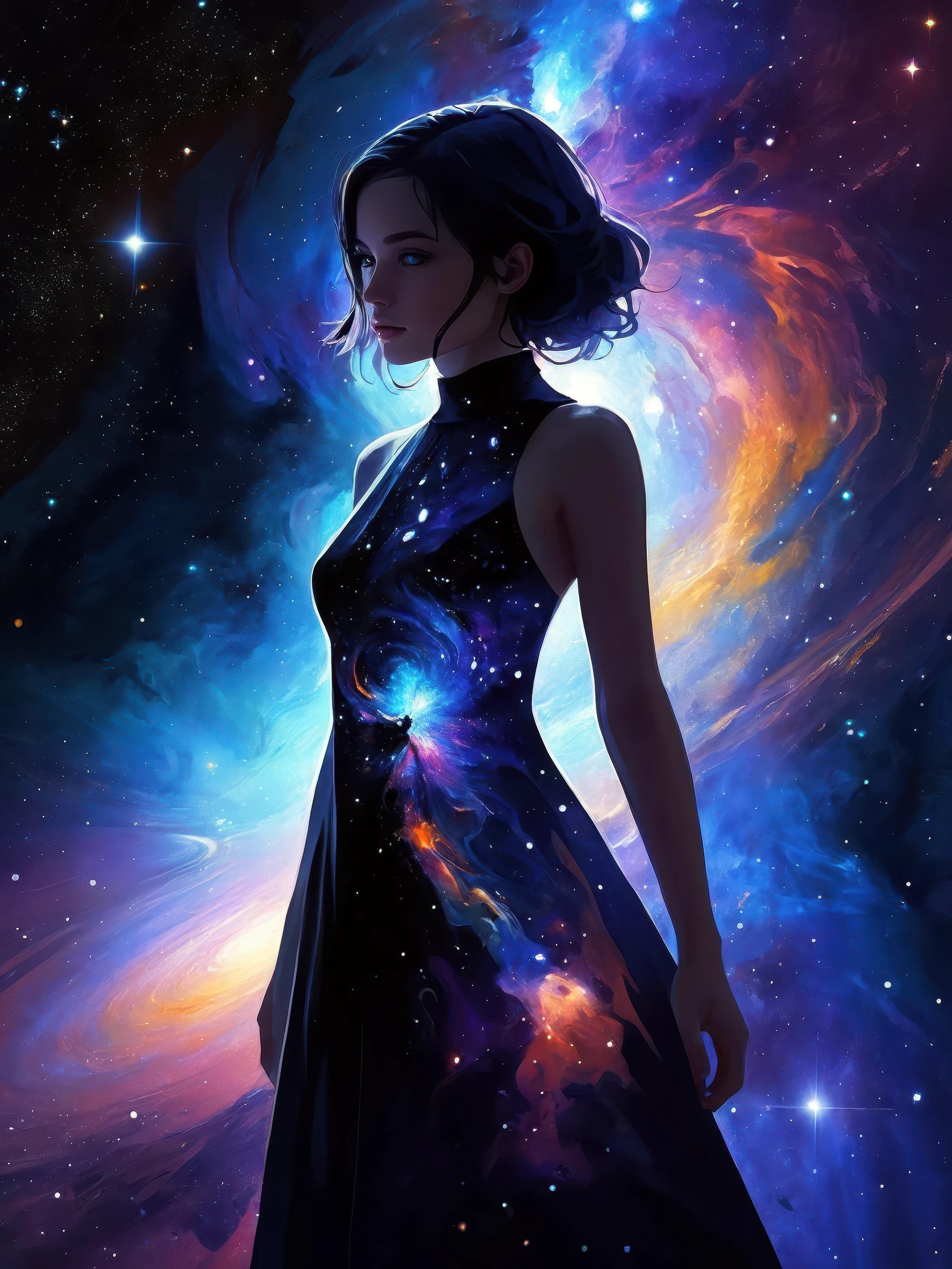 1 chica, solo, mirando al espectador, (arte abstractoe:1.3), (Tema oscuro:1.2), arte, estilizado, sombra profunda, Tema oscuro, vestido cósmico, belleza cósmica, en el espacio, nebulosa