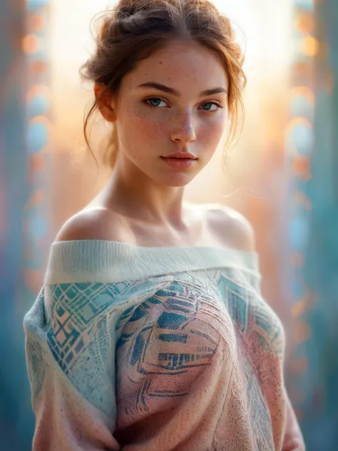 1girl,mysterious girl with freckles,an exotic girl in off-shoulder sweater,fading backlit background,pastel colors,alluring godd...