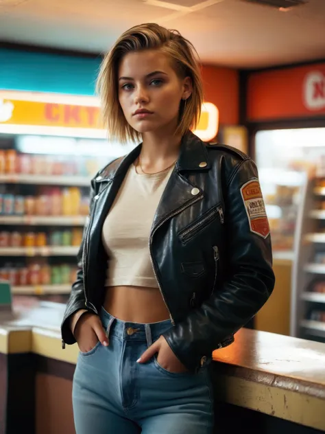 full body photo of a 23 year old Dutch woman, undercut hairstyle, tee, leather jacket, jeans, 80s convenience store, very detail...