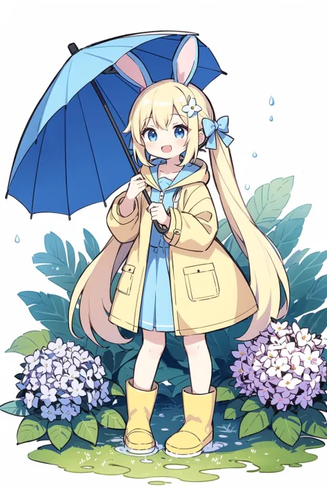 1girl,rainbow,raincoat,yellow raincoat,rubber boots,hydrangea,flower,long hair,twintails,boots,blush,umbrella,open mouth,hair ornament,white background,hood,solo,teruterubouzu,very long hair,hood up,long sleeves,low twintails,bow,bangs,smile,animal hood,blue eyes,rabbit,closed umbrella,puddle,full body,:d,snail,yellow footwear,simple background,pink flower,standing,leaf umbrella,holding umbrella,food-themed hair ornament,hair bow,animal ears,holding,blonde hair,hair flower,rain,animal,