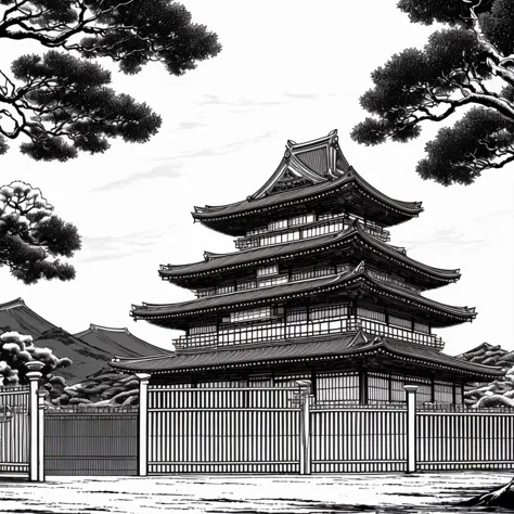 a japanese castle, no people usagiyojimbostyle <lora:Usagi_Yojimbo_v5-000050:0.8>