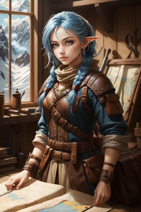 (masterpiece, best quality),  intricate details,
1girl,  <lora:RPGGnome:0.8> rpggnome,  rogue, leather clothes, bandolier, quiver, braids, blue hair, long hair, side shave, steampunk, adventurer, satchel, map, compass, telescope,