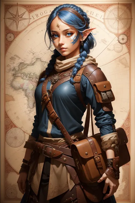 (masterpiece, best quality),  intricate details,
1girl,  <lora:RPGGnome:0.8> rpggnome,  rogue, leather clothes, bandolier, quiver, braids, facial marks,blue skin, steampunk, adventurer, satchel, map, compass, telescope,