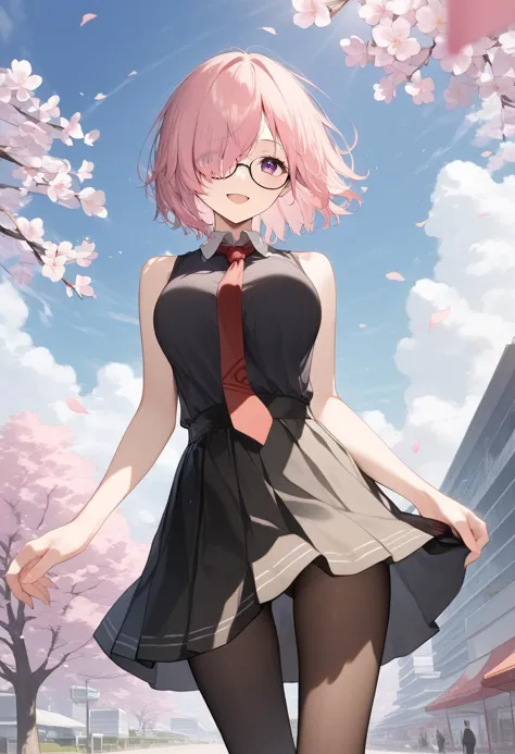 anime girl in a short dress and tie walking down a street