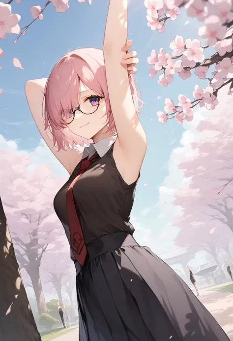 anime girl in a black dress with pink hair and glasses