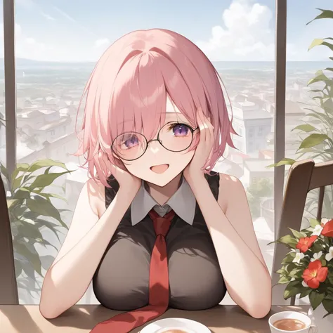 anime girl with pink hair and glasses sitting at a table with a plate of food