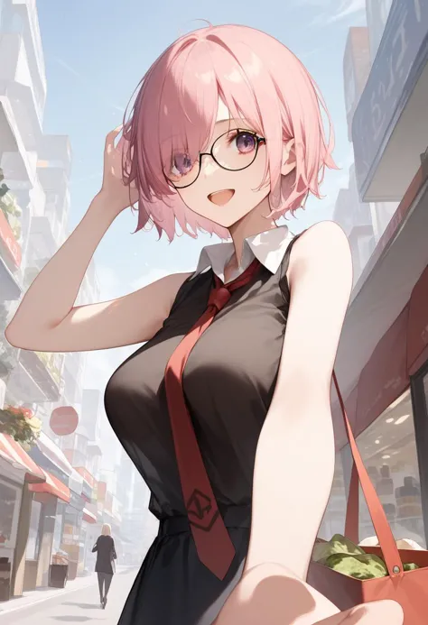 anime girl with pink hair and glasses walking down a street