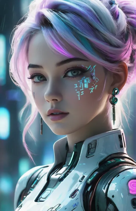 The text seems to describe a futuristic, cyberpunk-style scene. In this scene, there is a high-definition (HD) close-up of the face, with compact facial features and a deep background. The characters have color spray paint and tattoos on their bodies, and their faces are beautiful. The face is depicted in color and the eyes are white. From a deep perspective, the scene features male and female characters, as well as a sophisticated robot.