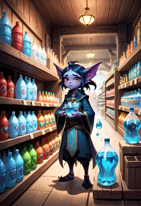 Ein Kobold in einem Laden, der überlegt, welche Wassermarke er beim Einkaufen kaufen soll, digitale Zeichnung, Illustration, gute Qualität, Fantasie, Holzinnenausstattung, Liga der Legenden Splash Art, Magic: The Gathering-Kunstwerk, dunkel