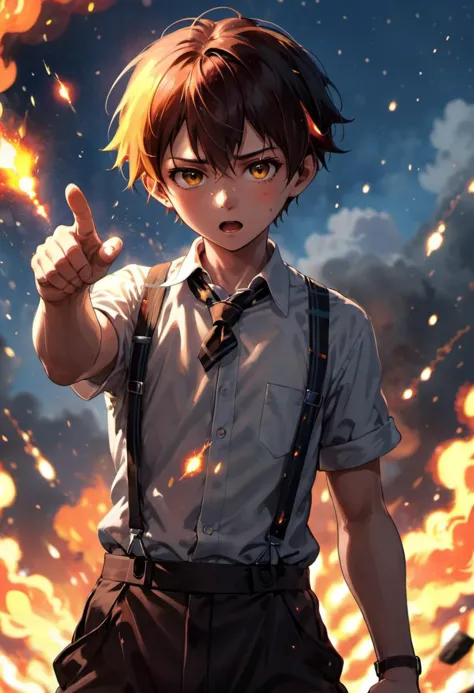 anime young boy wearing suspenders pointing at the sky with fire particles around him, energetic pose, wlop, concept art, digita...