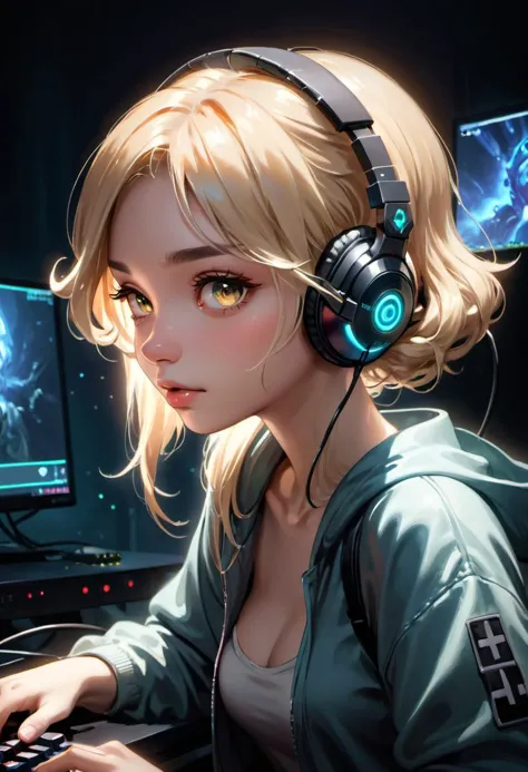 wunderschöne Gamer-Girl mit blonden Haaren und dunklen Augen, die an ihrem Computer spielt, Porträtaufnahme ihres Gesichts, das vom Bildschirm beleuchtet wird, süßes Nasenpiercing, Gaming-Headset tragen, Dunkle Atmosphäre, dynamische Beleuchtung, Science-Fiction und Fantasy, aufwendig und sehr sehr schön, sehr detailliert, digitale Zeichnung, artstation, Konzeptkunst, Sanfter und scharfer Fokus, Illustration, Kunst von Tian Zi und Wlop und Alphonse Mucha