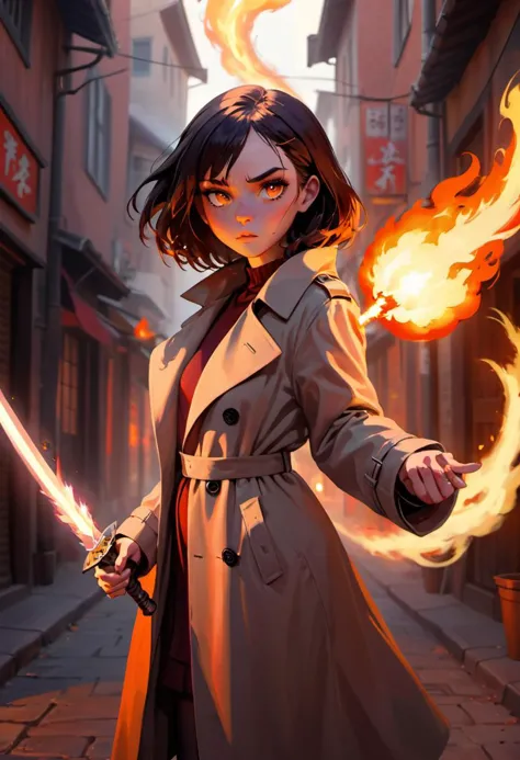 a portrait of a cute female wizard wearing a flowing very stylish trenchcoat, grasping a fireball and a sword in her hands, fire...