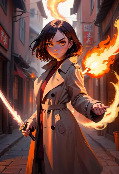 a portrait of a cute female wizard wearing a flowing very stylish trenchcoat, grasping a fireball and a sword in her hands, fireball lighting her face, embers flying, urban fantasy setting, narrow street, vivid colors, warm lighting, atmospheric, cinematic, moody, in the style of Ilya Kuvshinov and Range Murata, Krenz Cushart, rule of thirds, oil on canvas, 8k