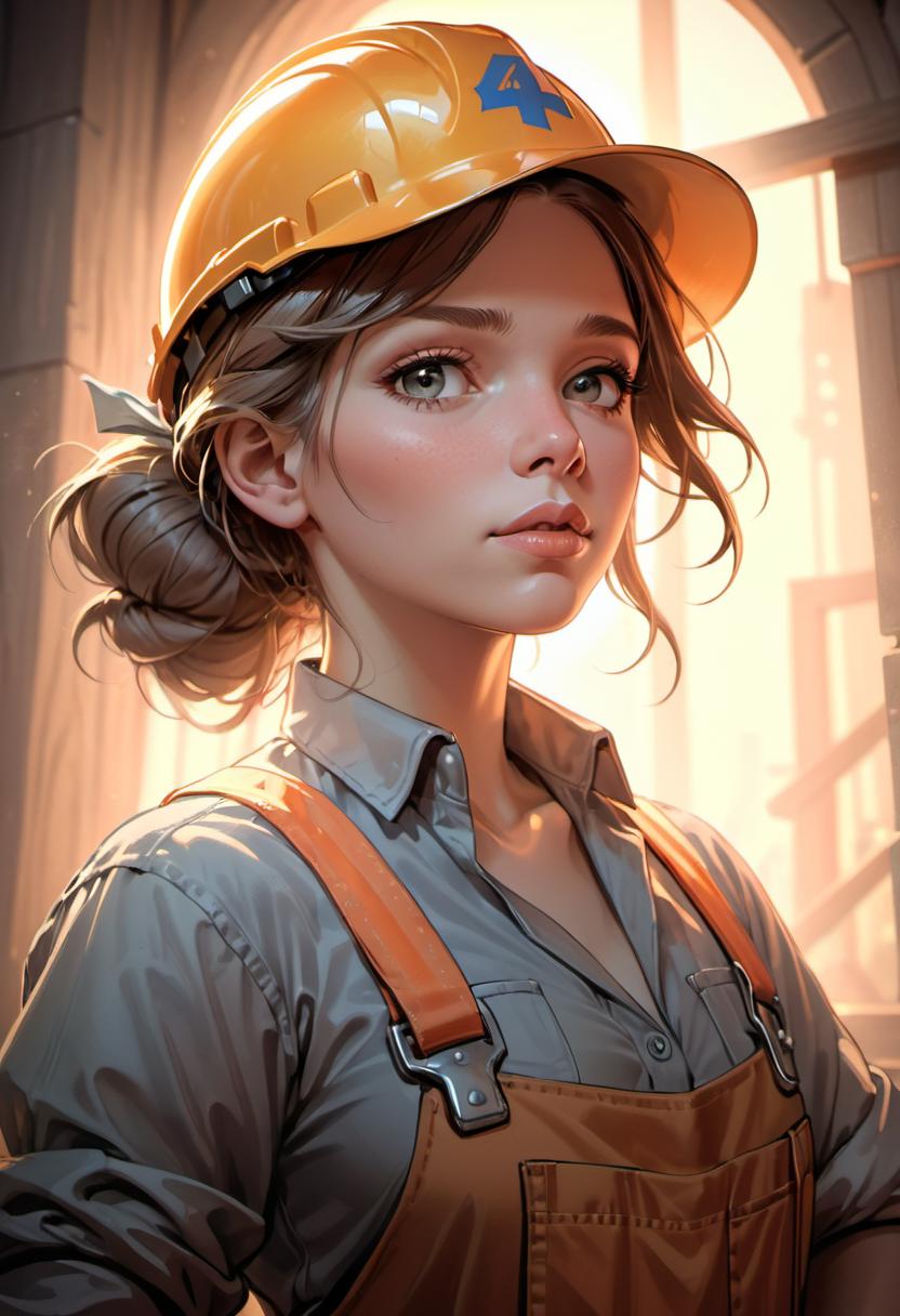 A woman in a hard hat and overalls standing in front of a window - SeaArt AI