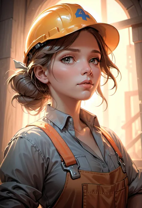 a woman in a hard hat and overalls standing in front of a window