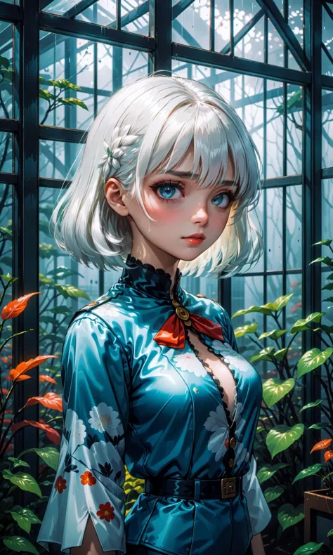 a woman with white hair and blue eyes standing in a greenhouse