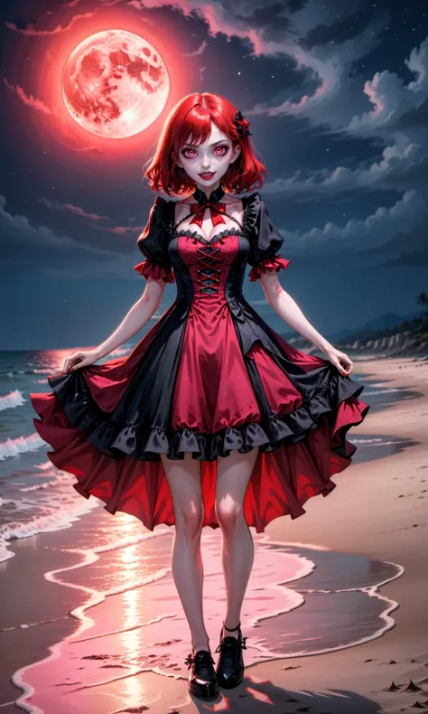 Pale woman with bright red eyes, vampire, fangs, pretty, red and pink gothic dress, moonlit beach background, full body shot, ov...