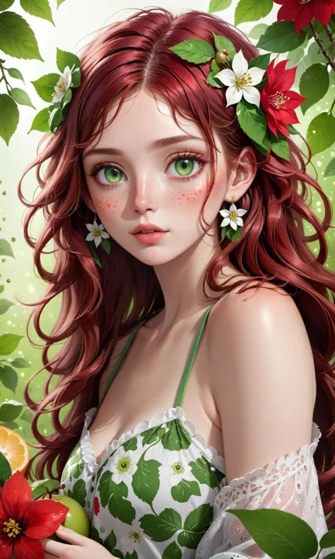 1girl, solo, long hair, looking at viewer, brown hair, hair ornament, green eyes, collarbone, upper body, flower, food, lips, fr...