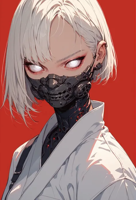 (score_9, score_8_up), score_7_up, zPDXL, 1girl, white hair, short hair, white eyes, mouth mask, looking at viewer, white kimono...