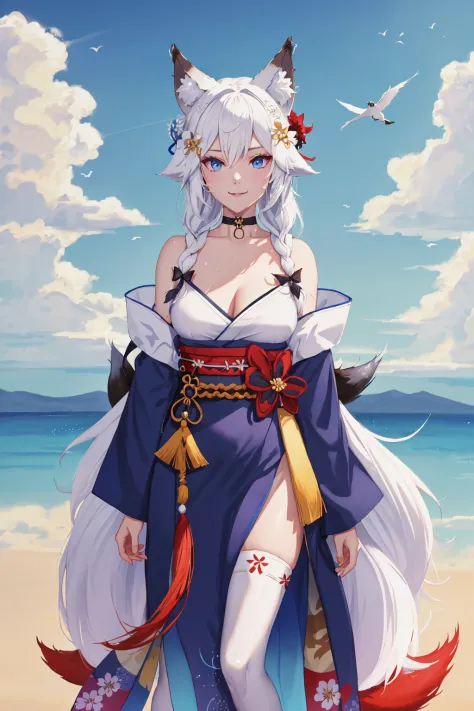 1girl, :d, animal ear fluff, animal ears, bare shoulders, barefoot, bird, blue eyes, bow, braid, choker, clenched hand, clothes writing, crop top, enigma_kitsune, fox boy, hair ornament, holding flower, kimono, large breasts, long hair, red eyes, sideways ...