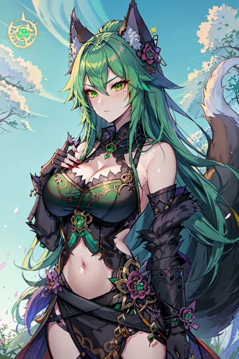 1girl, armor, bare shoulders, black gloves, blush, cleavage, covered navel, enigma_kitsune, fox ears, fox tail, fur trim, green hair, holding flower, jacket, jewelry, large breasts, long fingernails, long hair, long sleeves, male focus, mask, mole under eye, nature, shirt, simple background, sky, solo, tail, very long hair, <lora:KitsuneV2:0.7>