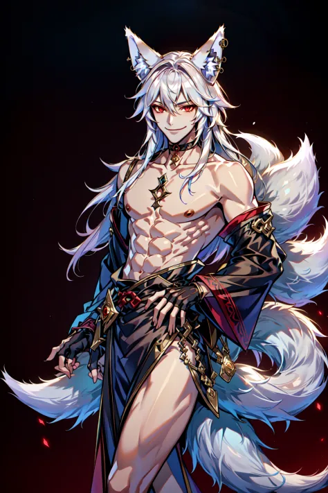 <lora:KitsuneV2:0.8>  1boy, genderswap,  animal ears, bare legs, bare shoulders, building, choker, cleavage, collarbone, cowboy shot, enigma_kitsune, fox ears, hitodama, holding polearm, jewelry, kyuubi, long hair, long sleeves, looking at viewer, muscular, no humans, partially fingerless gloves, red eyes, simple background, smile, solo, tail, topless male, white hair, wolf ears