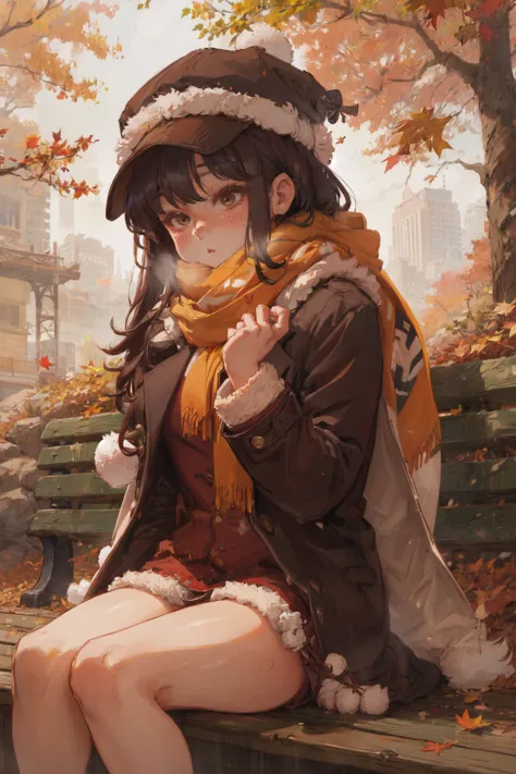 masterpiece, best quality, detailed-background outdoors, sitting, park, bench, autumn, coat, scarf, hat, pom pom \(clothes\), fur trim, blush, breath, wind