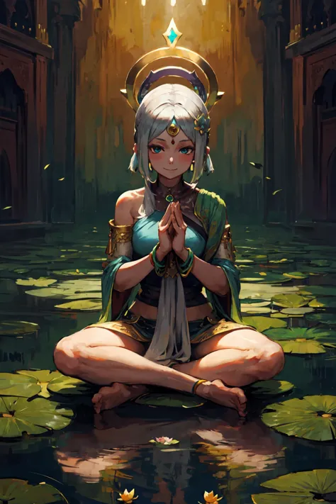 best quality, daytime, (vibrant colors:1.1), (silver:1.1), indian style, cross legged, mudra [meditation] BREAK 1girl, solo, folo focus, smile, blush, looking at viewer, silver hair ornament, (halo:1.2), lotus, lotus flower base, lotus pedestal, reflection