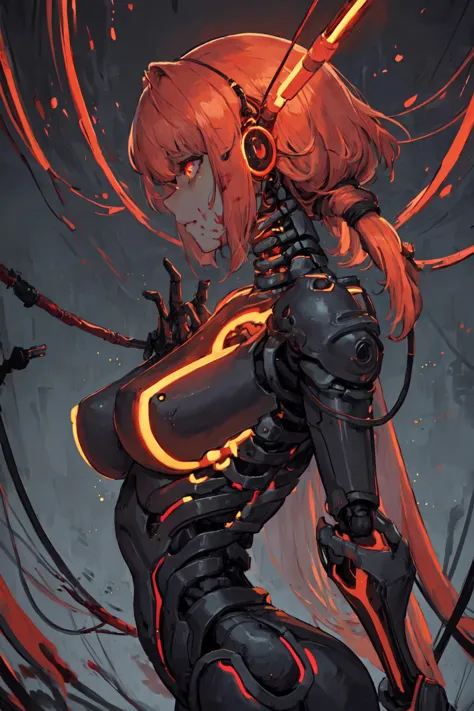 (masterpiece, top quality, best quality, official art, beautiful and aesthetic:1.2), 1girl, glowing eyes, facing camera, neon details, mechanical limbs,blood vessels connected to tubes,mechanical cervical attaching to neck,wires and cables connecting to head,blood,from side