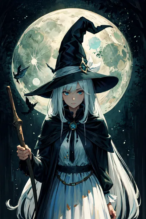 1girl,(Tattered clothes:1.1),long white hair, (white stockings:1.1),white large witch hat,witch costume, Ride broomstick, fantas...