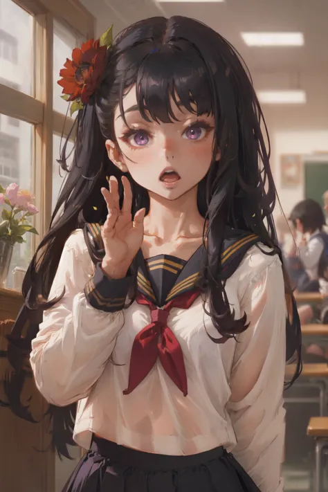 absurdres, highres, best quality, 1girl, solo, long hair, flower, black hair, black sailor collar, hair ornament, looking at viewer, hair flower, sailor collar, shirt, :o, school uniform, bangs, long sleeves, very long hair, serafuku, blurry, white shirt, open mouth, hand up, depth of field, collarbone, blurry background, black skirt, upper body, skirt, purple eyes, blush