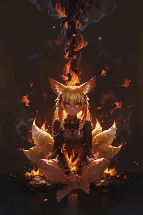 a girl sitting on fire with her eyes closed and her hands on her knees