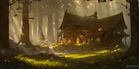 (masterpiece:1.2), (best quality,:1.2), Elven house in the forest, forest elves architecture, drapplet sunlight, perfect light, ...
