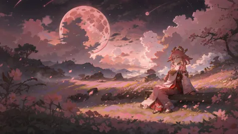 landscape, flower field, pink light, fog, depth of field,  bloom, pink moon, clouds, stars, pink ambient light, wind, yae miko, ...
