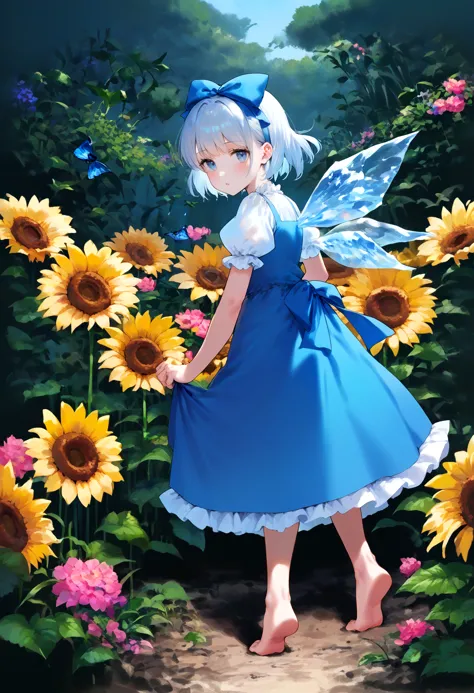 score_9, score_8_up, score_7_up, source_anime, 1girl, cirno, 1girl, blue_bow, hair_bow, ice_wings, blue_dress, sunflower, vines,...