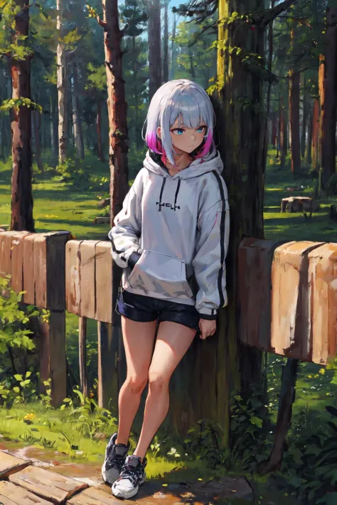 masterpiece, high quality, highres, absurdres, ultra-detailed, 8k, 1girl, white hoodie, white oversized hoodie, hoodie with red ...