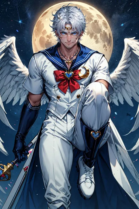 1boy, Alternative Sailor Moon, manly, silver hair, blue eyes, crescent forehead mark, smirk, blue sailor collar, boots, brooch, necklace with ruby pendant, closed mouth, crescent ear piercings,  white short hair, (hair ornament), heart brooch with (blue bowtie), holding staff, white suit, knee boots, dark blue sailor pants, looking at viewer, magical boy, multicolored clothes,
parted bangs, male sailor senshi uniform, solo, white footwear, dark blue gloves, starry night sky background, shining moon, white wings, 
(masterpiece), top quality, best quality, (absurdres), deep focus,  intricate details, high quality, ultra high res, 8k, UHD, HD
(GS-Masculine:0.7) <lora:AltSailorMoon:0.5> <lora:polyH_menseyes:0.3> <lora:add_detail:0.5>