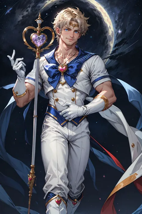 1boy, Alternative Sailor Moon, manly, blonde hair, blue eyes, circlet, smirk, blue sailor collar, boots, brooch, necklace with ruby pendant, closed mouth, crescent, crescent ear piercings, (silver short hair), hair ornament, heart brooch with (blue bowtie), holding, holding staff, white suit, knee boots, (dark blue sailor pants), looking at viewer, magical boy, multicolored clothes,
parted bangs, male sailor senshi uniform, solo, staff, white footwear, (dark blue gloves), starry night sky background, (shining moon:0.7),
(masterpiece), top quality, best quality, (absurdres), deep focus, intricate details, high quality, ultra high res, 8k, UHD, HD
(GS-Masculine:0.7) <lora:AltSailorMoon:0.5> <lora:polyH_menseyes:0.3> <lora:add_detail:0.5>