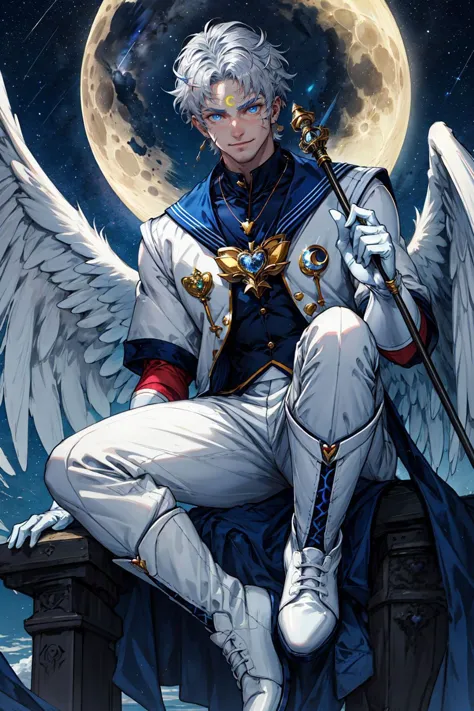 a man with white hair sitting on a ledge with wings