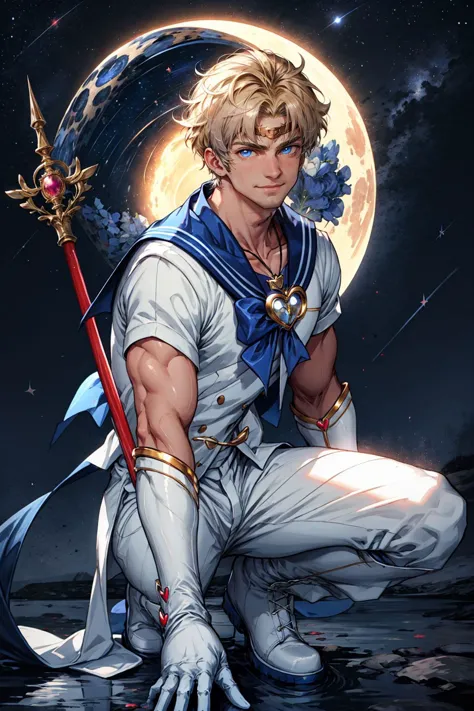 1boy, Alternative Sailor Moon, manly, blonde hair, blue eyes, circlet, smirk, blue sailor collar, boots, brooch, necklace with ruby pendant, closed mouth, crescent, crescent ear piercings,  (silver short hair), hair ornament, heart brooch with (blue bowtie), holding staff, white suit, knee boots, dark blue sailor pants, looking at viewer, magical boy, multicolored clothes,
parted bangs, male sailor senshi uniform, solo, white footwear, dark blue gloves, starry night sky background, (shining moon:0.7),
(masterpiece), top quality, best quality, (absurdres), deep focus,  intricate details, high quality, ultra high res, 8k, UHD, HD
(GS-Masculine:0.7) <lora:AltSailorMoon:0.5> <lora:polyH_menseyes:0.3> <lora:add_detail:0.5>